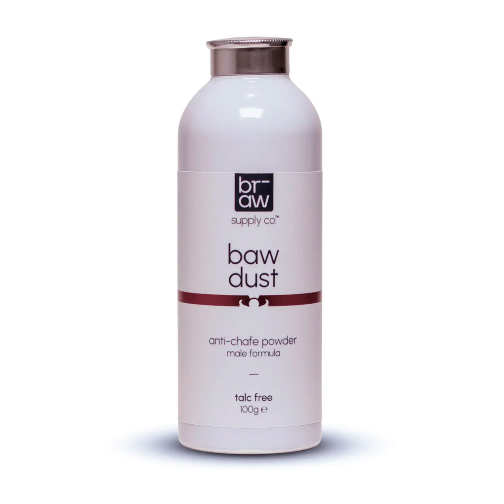 Braw Supply Co. baw dust anti-chafe powder bottle on a white background