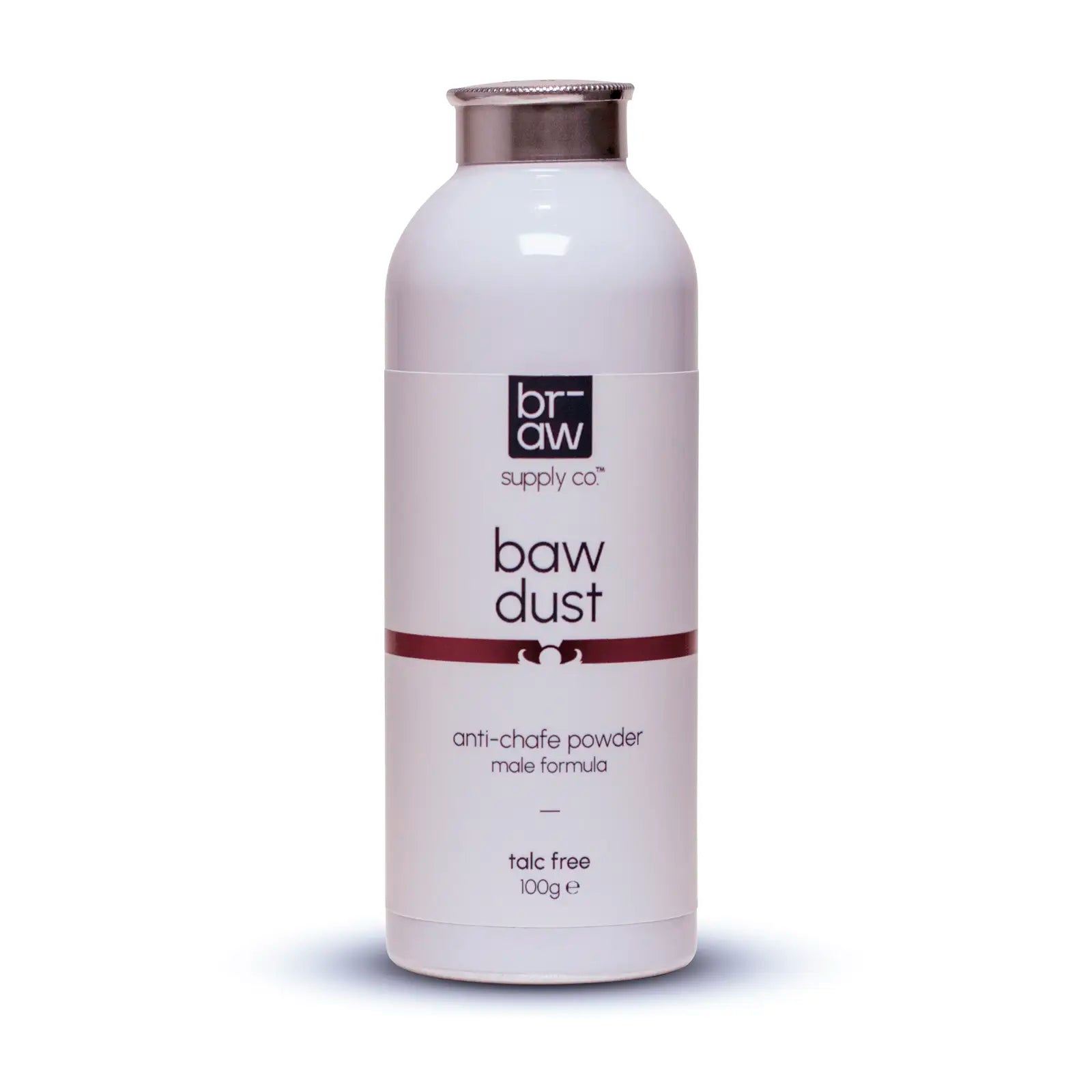 Braw Supply Co. baw dust anti-chafe powder bottle on a white background